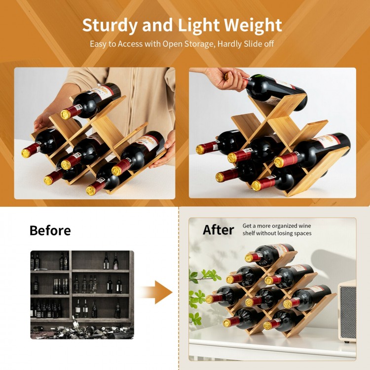 Bamboo wine rack holding 8 bottles, featuring a butterfly shape and compact design for easy access and stylish storage.