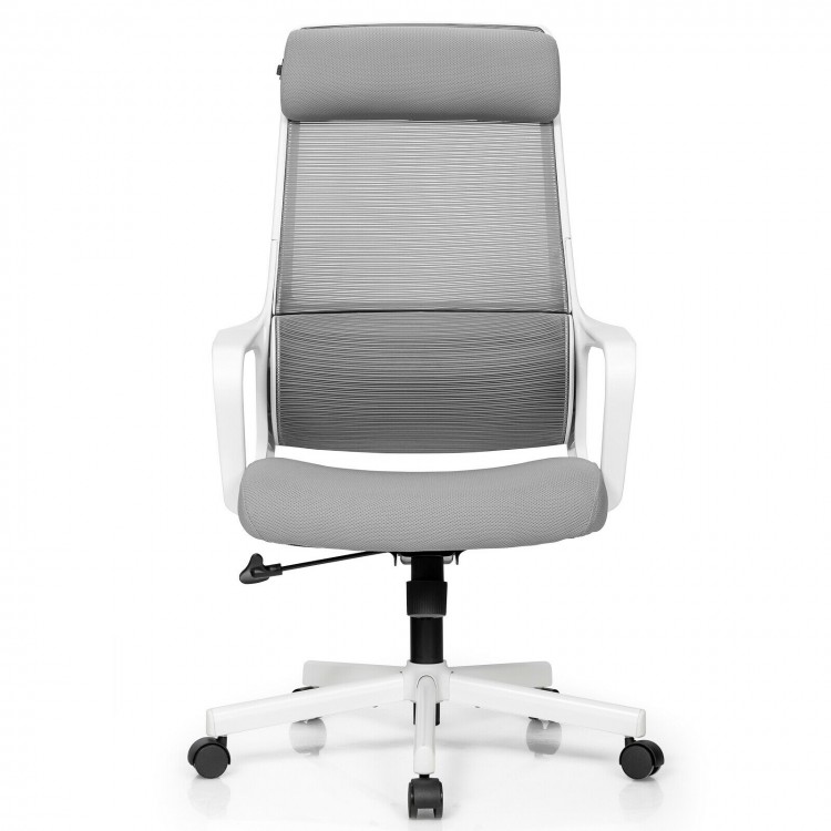Adjustable gray mesh office chair with heating support headrest and lumbar cushion for optimal comfort and ventilation.