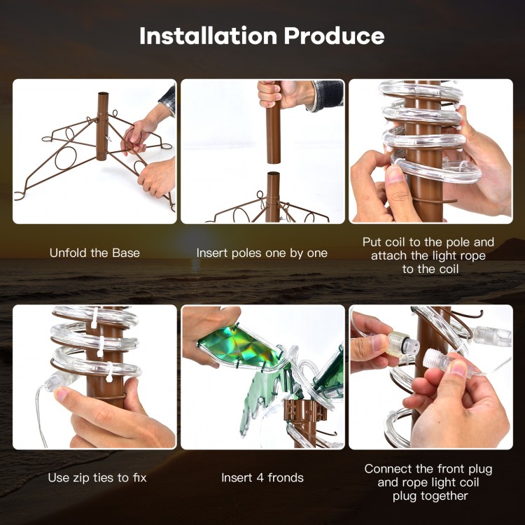 Installation steps for the 5 Feet LED Pre-lit Palm Tree Decor with Light Rope, showcasing assembly and connection.