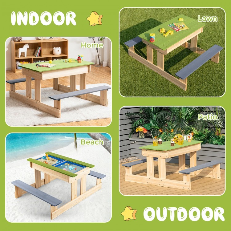 3-in-1 outdoor wooden kids table with detachable sand and water boxes, perfect for patio, lawn, or beach play.