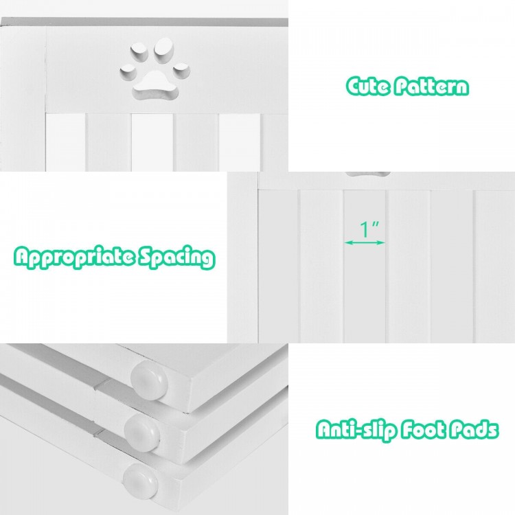 Freestanding 24-inch white wooden pet gate with cute paw pattern, anti-slip foot pads, and appropriate slat spacing.