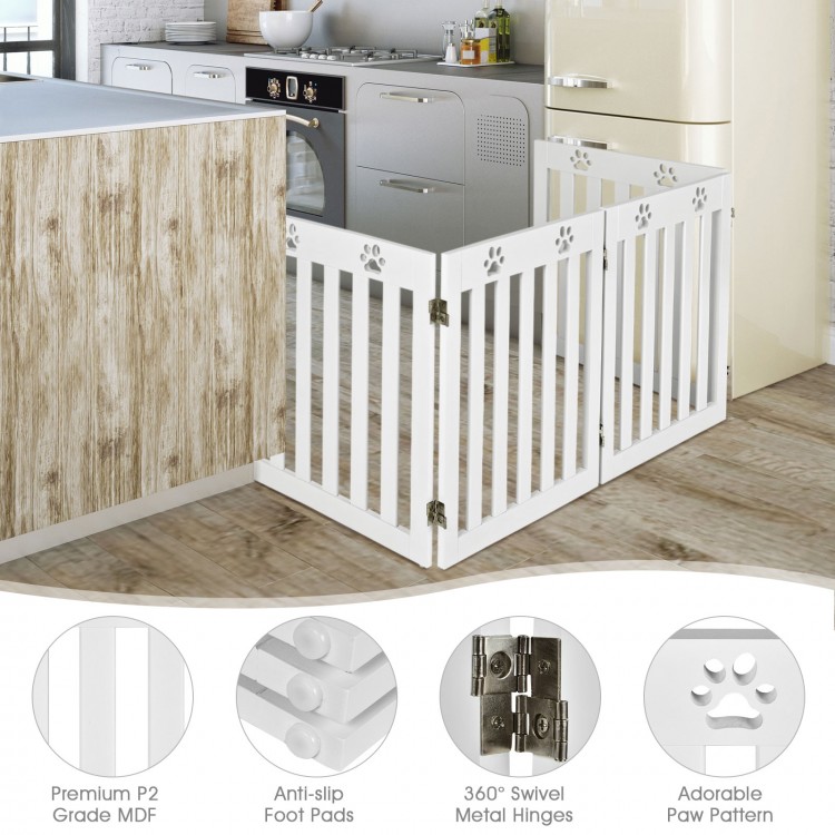Freestanding 24-inch white wooden pet gate with 360° hinges, ideal for kitchen safety and easy storage.