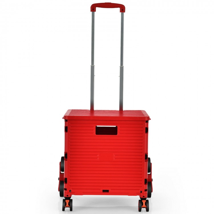 Red foldable utility cart with adjustable handle, tri-wheels for stairs, and compact design for easy storage.