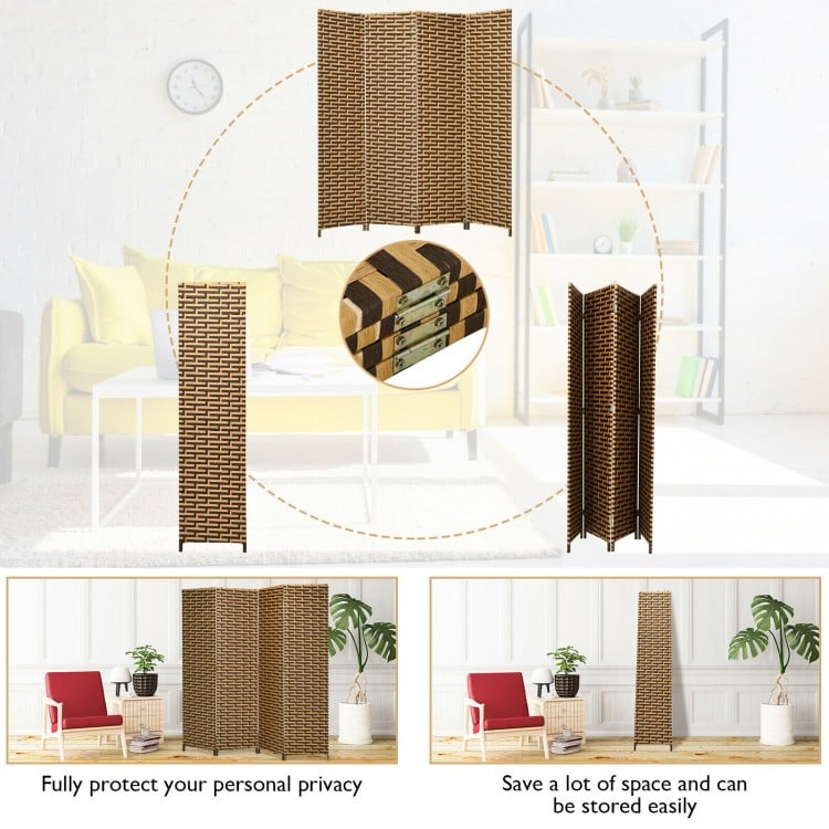 4-panel folding privacy partition room divider in yellow, featuring a hand-woven design and rustproof hinges for easy.