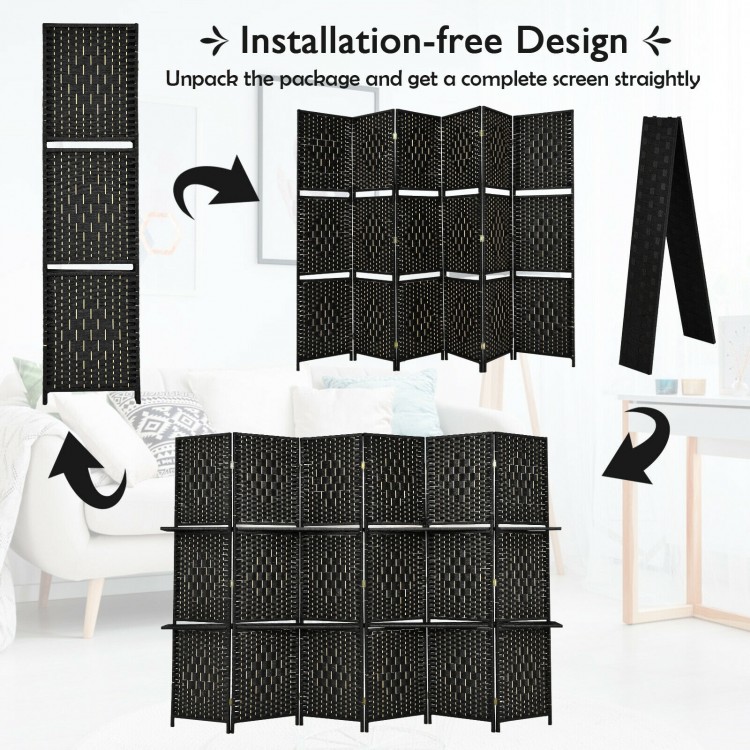 6-panel black room divider with hand-woven fiber and 2 display shelves, perfect for creating private spaces.
