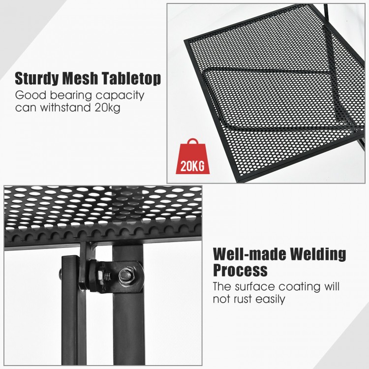Sturdy mesh tabletop of the railing folding table, supports up to 20kg, ideal for adjustable height flower pot display.