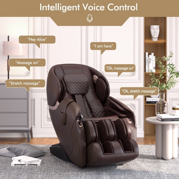 Zero gravity shiatsu massage chair in brown with intelligent voice control and heating for full body relaxation.