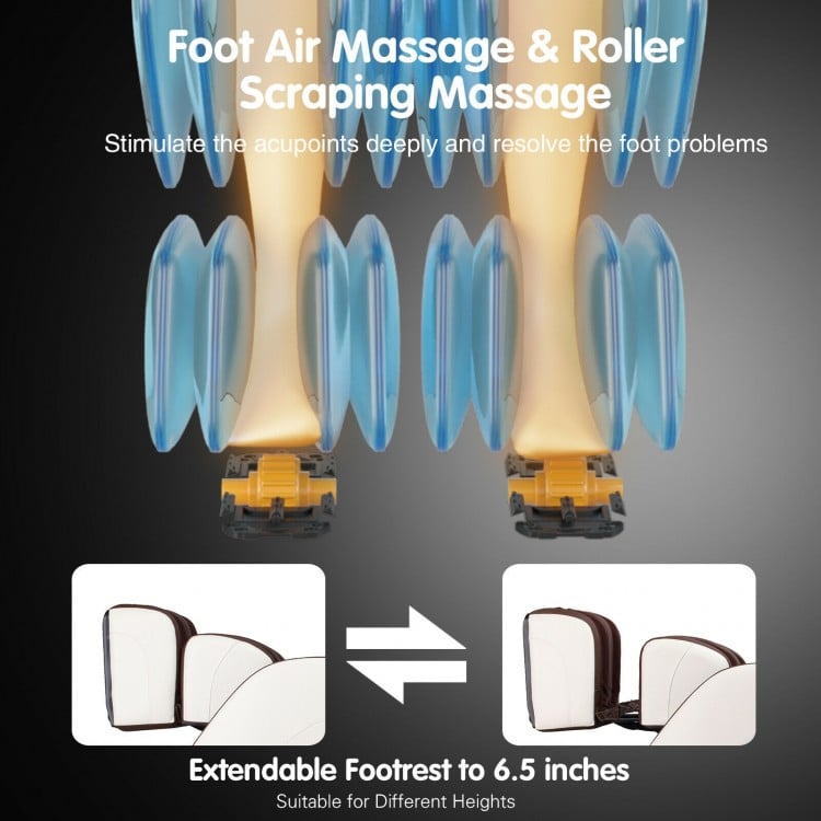 Foot air massage and roller scraping feature of the Relaxation 02 massage chair, with extendable footrest for comfort.