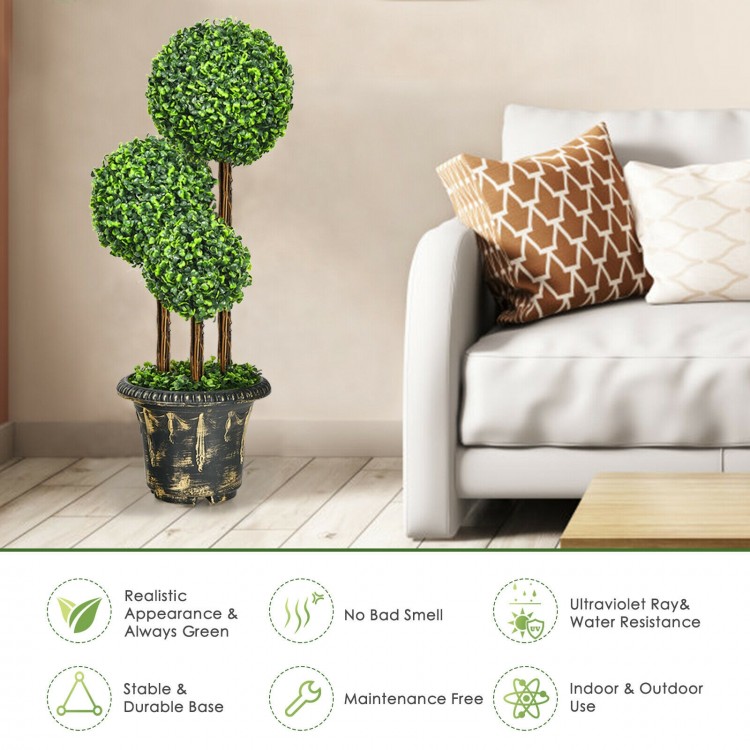 36-inch artificial topiary triple ball tree with realistic PE leaves in a decorative pot, ideal for indoor and outdoor.