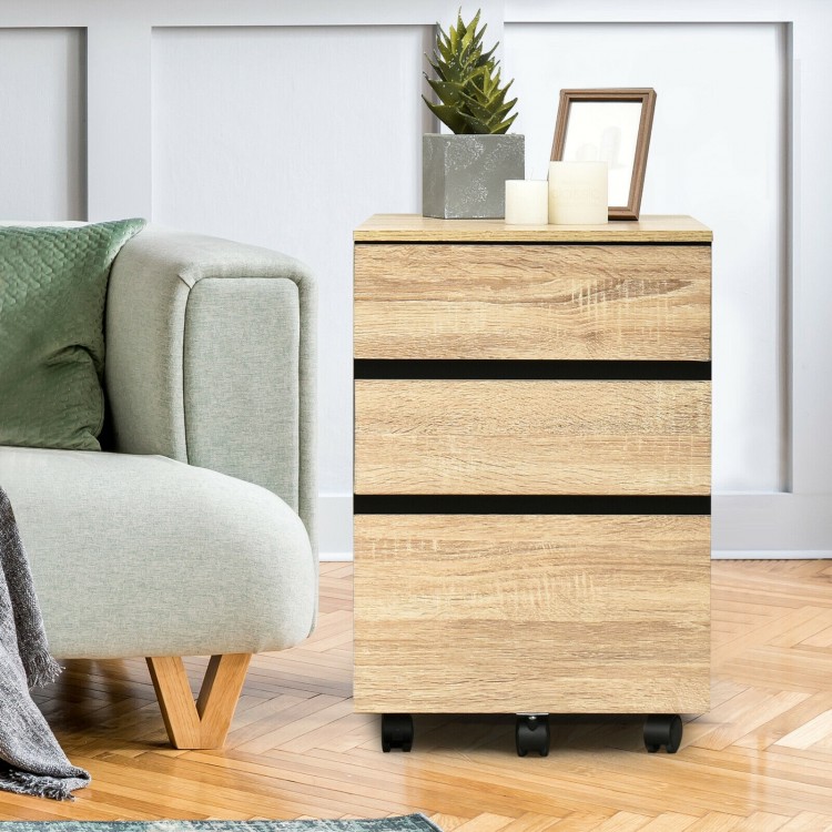 3-drawer mobile file cabinet in engineered wood with wheels, ideal for office storage and easy access to files.