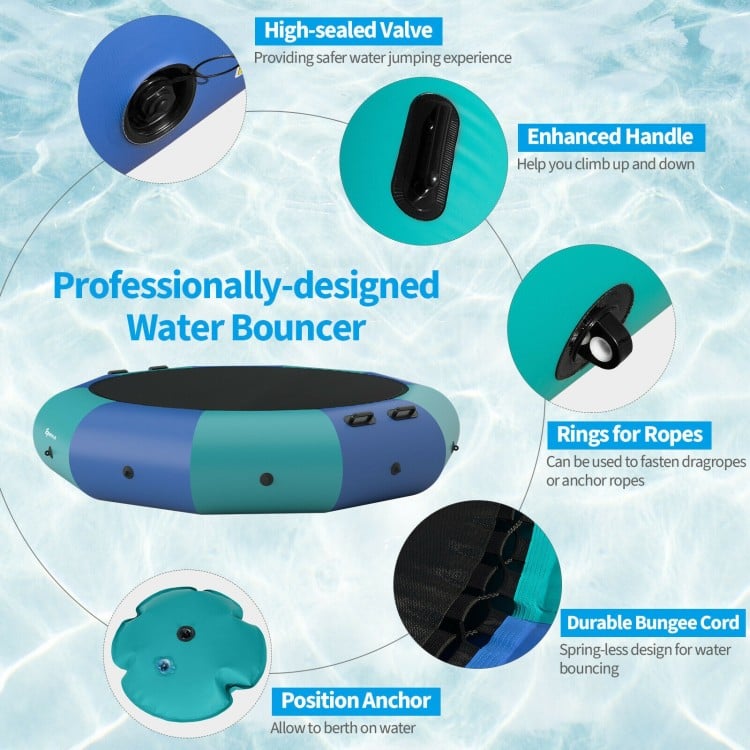 12-foot inflatable water bouncer in blue with padded surface, designed for jumping, sunbathing, and fishing.