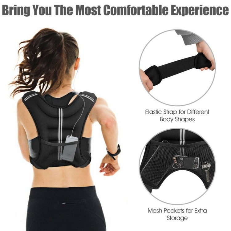 Adjustable black weighted vest with breathable mesh, reflective strips, and pockets for storage, ideal for workouts.