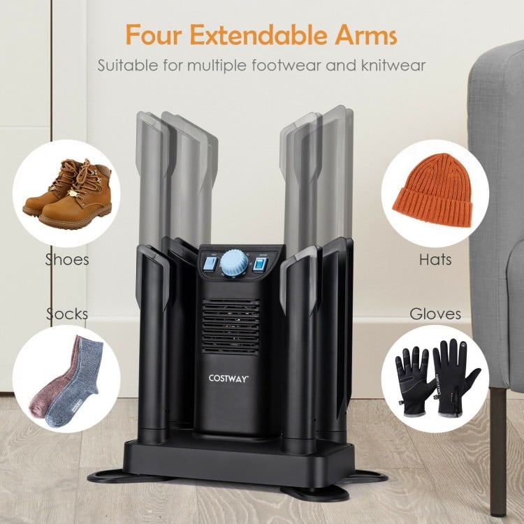Electric shoe dryer with four extendable arms, designed for drying shoes, gloves, hats, and socks efficiently.
