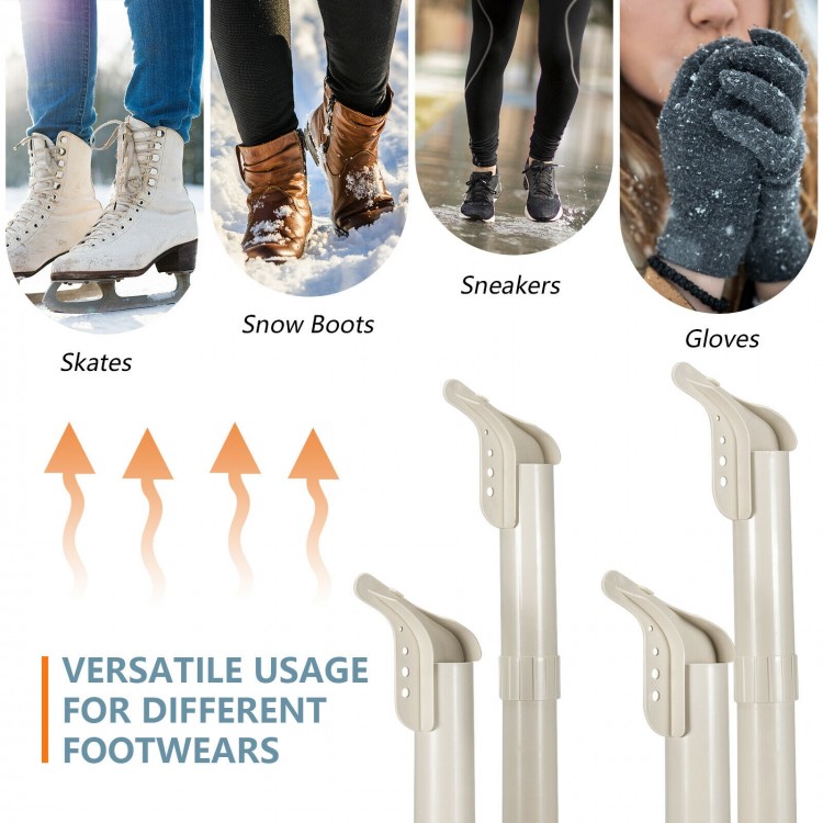 Electric shoe and boot dryer with four brackets, timer, and customizable tube height for efficient drying of various.
