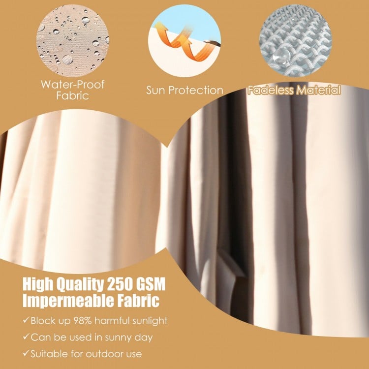 Beige 10x13 feet cantilever umbrella with 360° rotation, waterproof fabric, ideal for outdoor gardens and backyards.