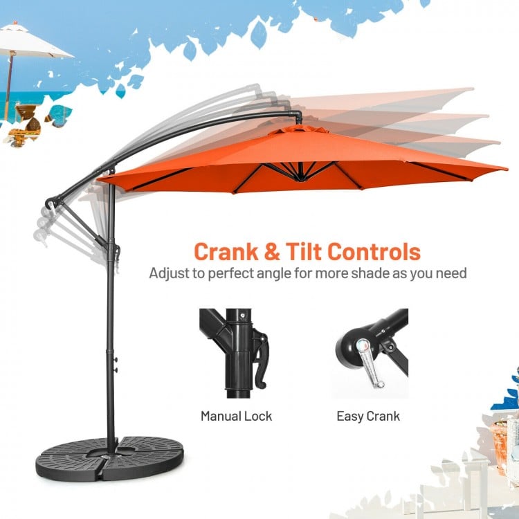 10FT offset umbrella in orange with tilt adjustment, featuring 8 sturdy ribs and easy crank for customizable shade.