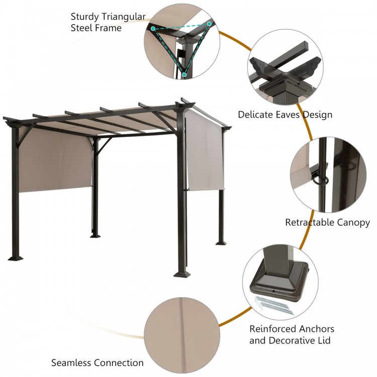 10x10 feet metal frame patio shelter with beige retractable canopy, durable polyester fabric, ideal for outdoor.