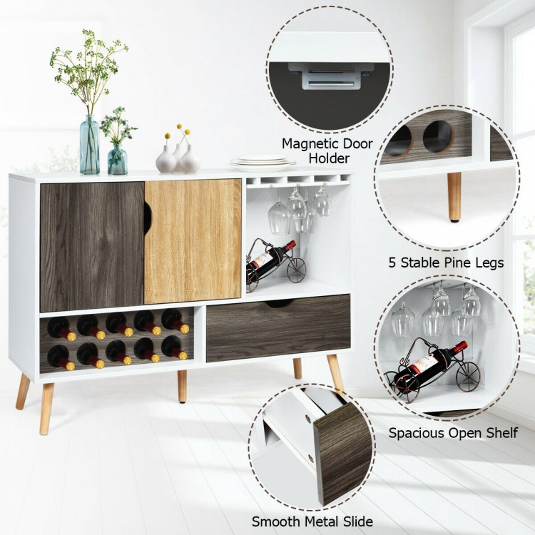 Mid-century buffet sideboard with wine rack, adjustable shelf, and smooth metal slide, ideal for dining room storage.