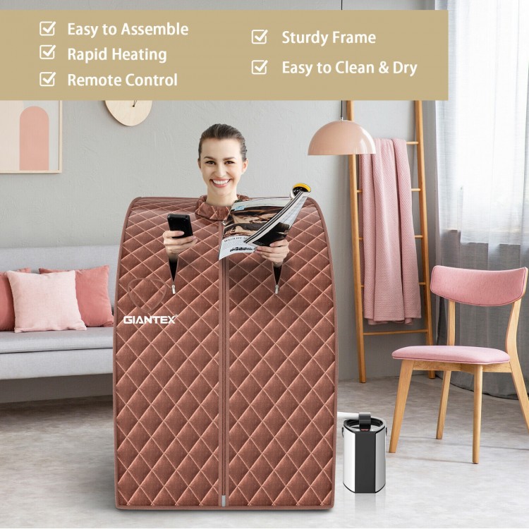 Portable personal steam sauna tent with waterproof fabric, remote control, and detachable folding chair for easy use.