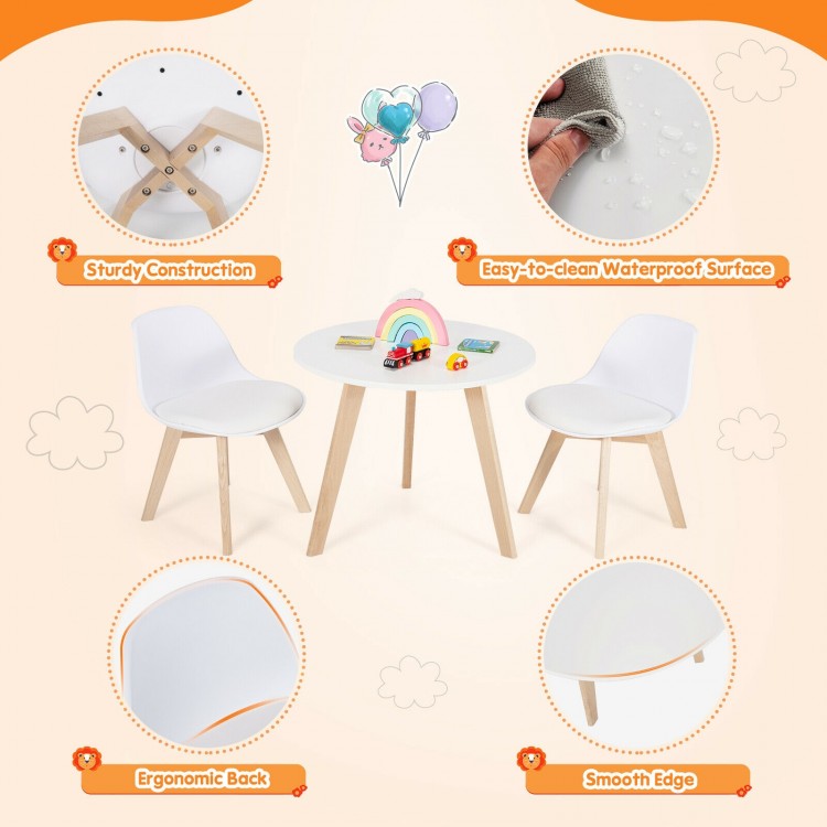 Modern kids activity play table with two white chairs, featuring beech legs and a smooth, easy-to-clean surface.