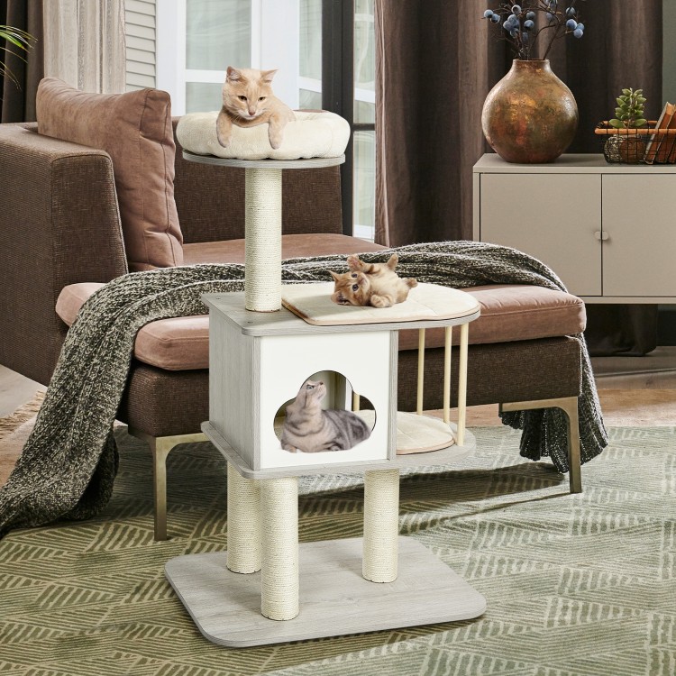 Wooden cat activity tree with three platforms, cushioned pads, and sisal ropes, perfect for playful cats and kittens.