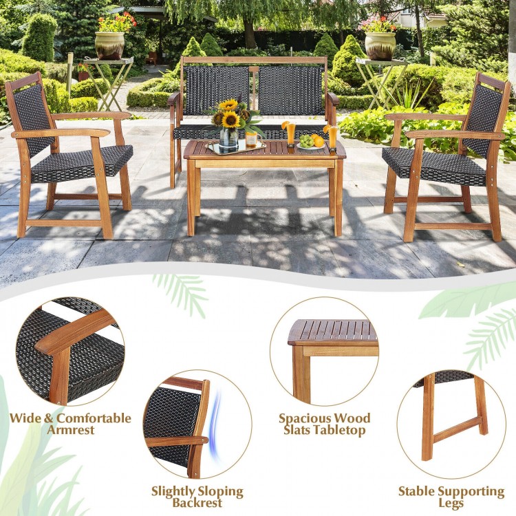 4-piece outdoor patio rattan furniture sofa set with acacia wood frame, featuring comfortable armrests and a spacious.