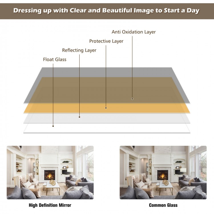 Full-length brown metal door mirror with adjustable hooks, ideal for wall mounting or door hanging, offers clear.