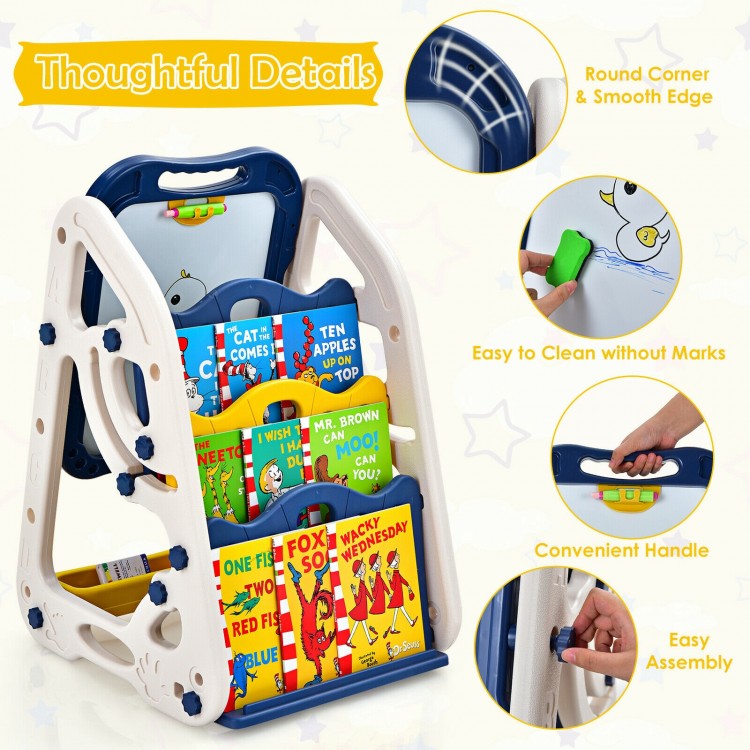 3-in-1 kids art easel featuring a double-sided whiteboard and chalkboard, adjustable height, and convenient storage for.