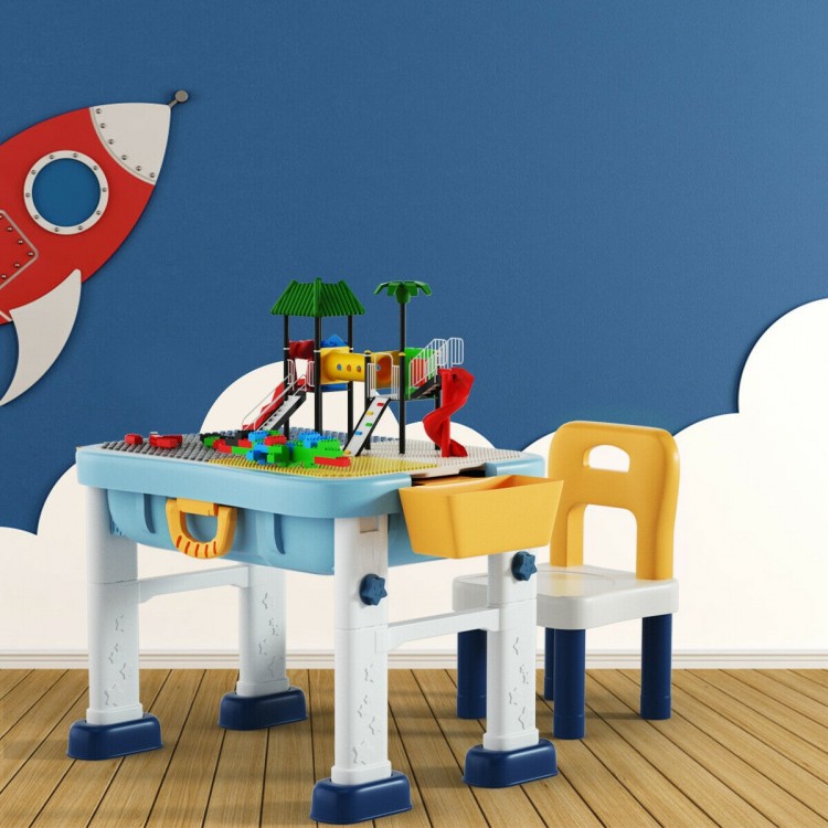 Kids activity table set with chair, featuring storage compartments and block boards for versatile play and learning.