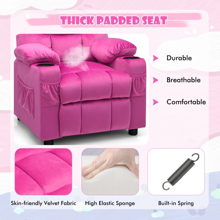 Kids recliner chair in pink with cup holders, thick padded seat, and ergonomic design for comfort and relaxation.