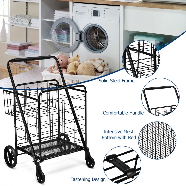 Heavy duty black folding utility shopping cart with spacious baskets, durable steel frame, and 360° swivel wheels for.