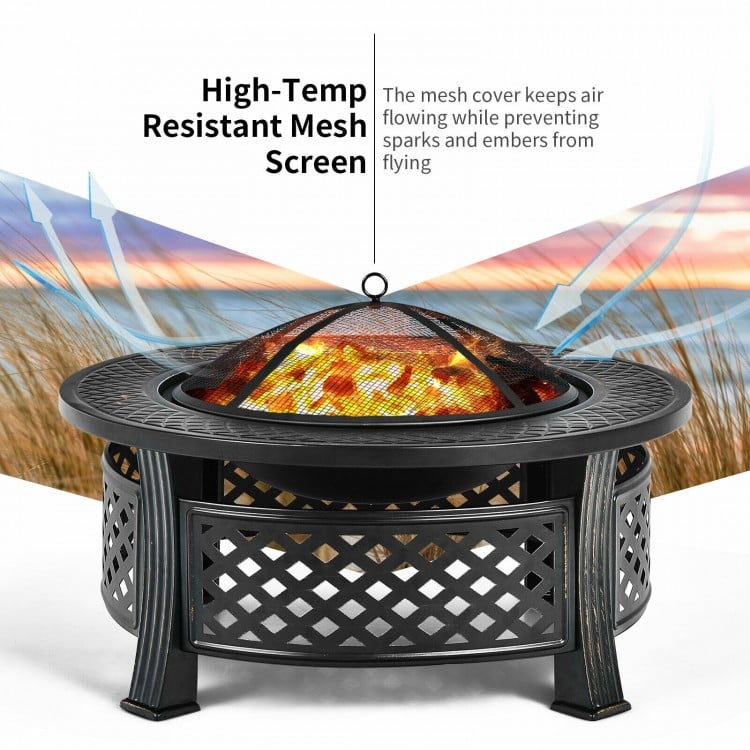 Outdoor fire pit with high-temp resistant mesh cover, perfect for backyard BBQs and gatherings, featuring a steel frame.