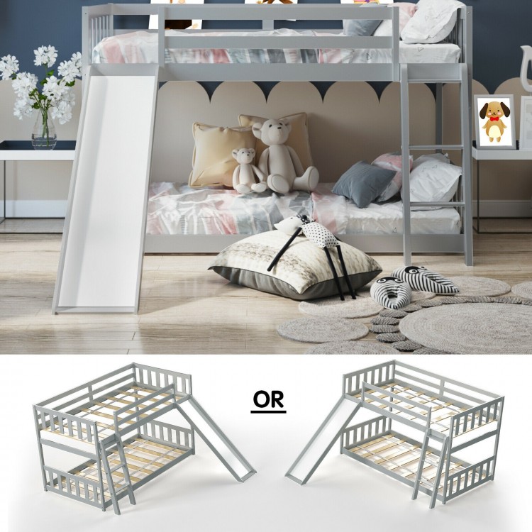 Gray twin over twin bunk bed with slide and inclined ladder, offering a playful and safe sleeping space for kids.