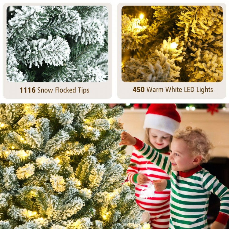 7-foot pre-lit snow flocked Christmas tree with 1116 tips and 450 warm white LED lights for festive holiday cheer.