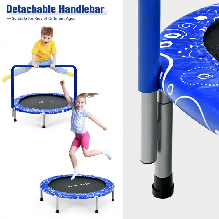 36-inch blue kids trampoline with detachable handle, safety padded cover, and sturdy steel frame for indoor and outdoor.