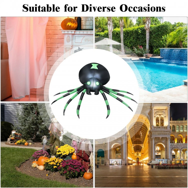 6 feet Halloween inflatable blow-up spider with LED lights, durable polyester, perfect for indoor and outdoor decor.