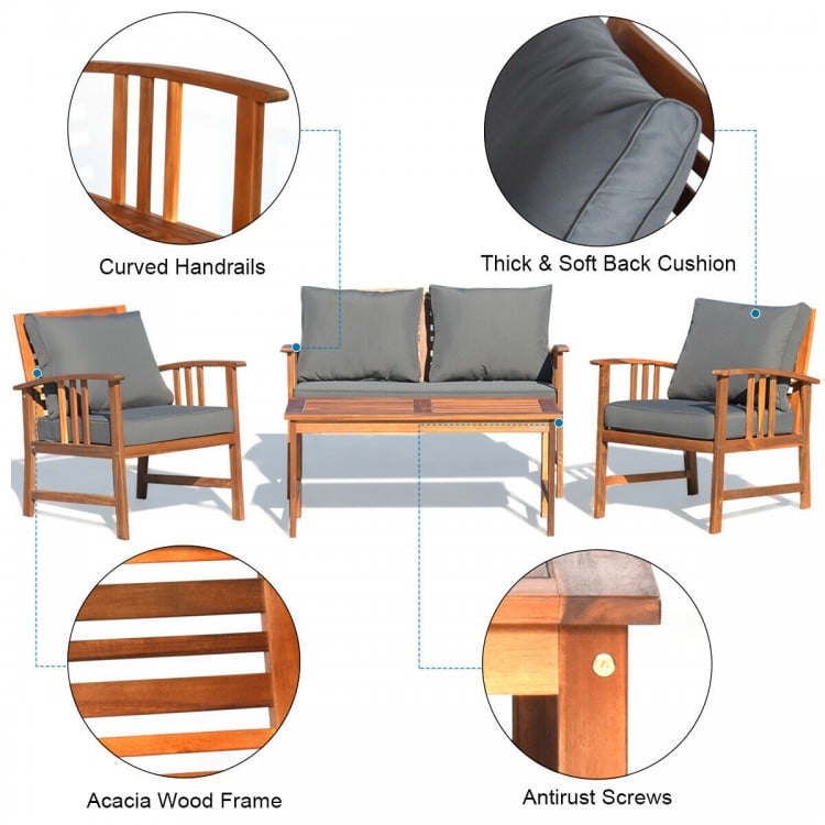 Wooden patio furniture set featuring acacia wood frame, thick cushions, and curved handrails, perfect for outdoor.