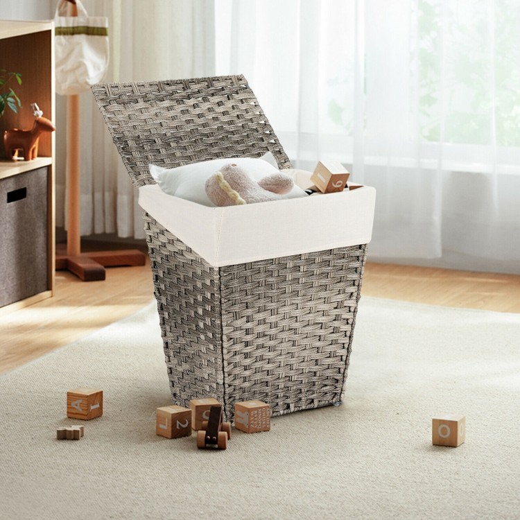 Handwoven gray laundry hamper with flip lid and removable liner, perfect for bathroom or laundry room storage.