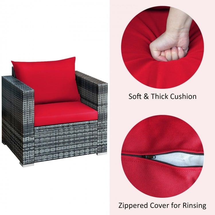 Cushioned red seat of the 3-piece patio rattan sofa set with zippered cover for easy rinsing and comfort.