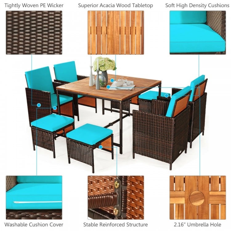 9-piece patio dining set featuring turquoise cushioned chairs, acacia wood tabletop, and PE wicker for outdoor use.