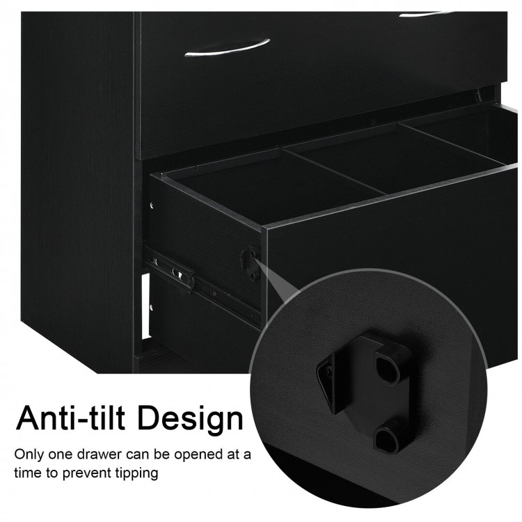 Close-up of the anti-tilt design of a black 2-drawer file cabinet, ensuring safety by allowing only one drawer to open.