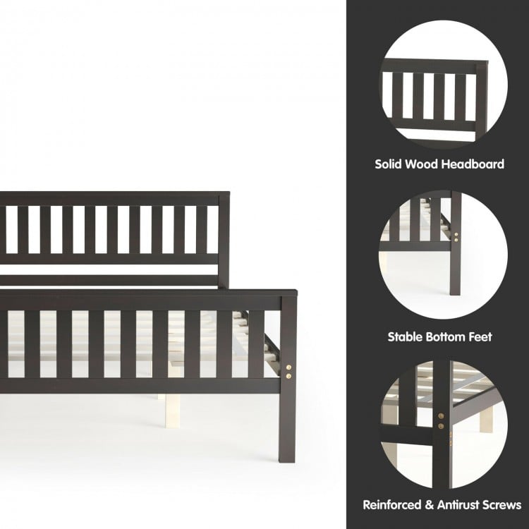 Queen wood platform bed with solid wood headboard and stable bottom feet, perfect for bedroom or apartment storage.