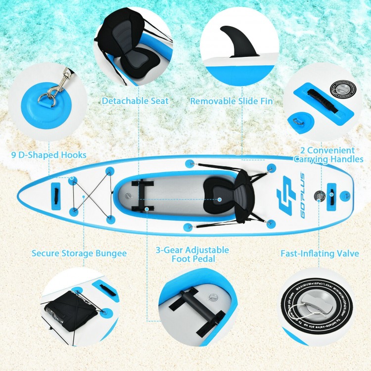 Inflatable 10.8 feet kayak with detachable seat, adjustable foot pedal, and convenient carrying handles for easy.