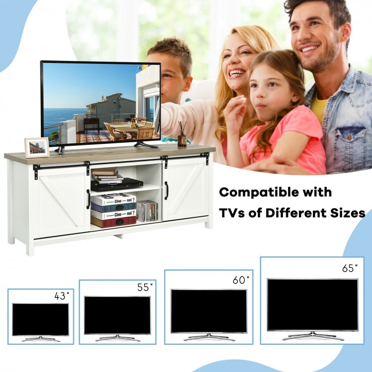 TV stand media center console cabinet in white with sliding barn door, designed for 60" TVs, offers ample storage space.
