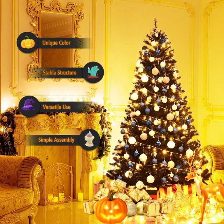 7.5 feet hinged artificial Halloween Christmas tree with black design, 1258 branch tips, perfect for indoor and outdoor.