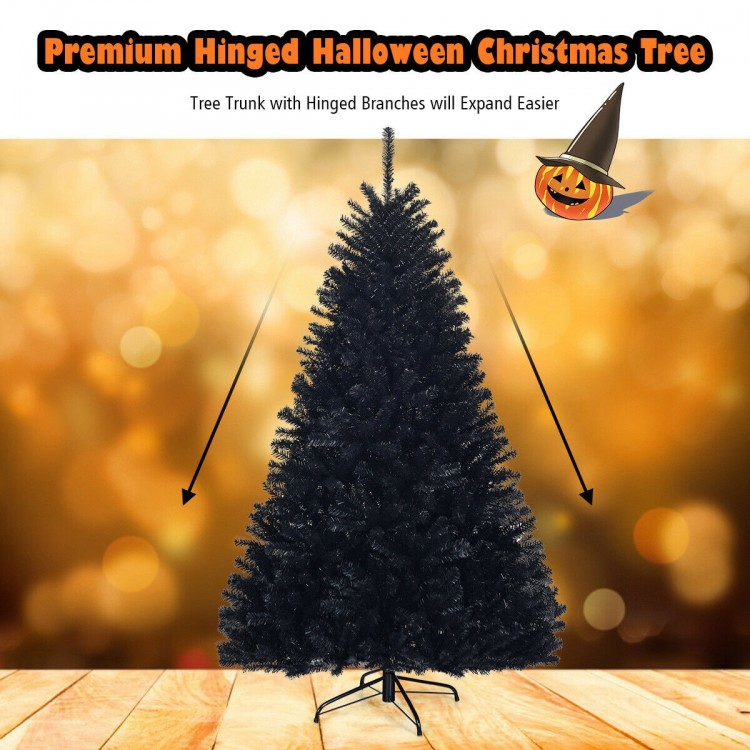 6 feet black hinged artificial Halloween Christmas tree with 1036 branch tips for indoor and outdoor holiday decoration.