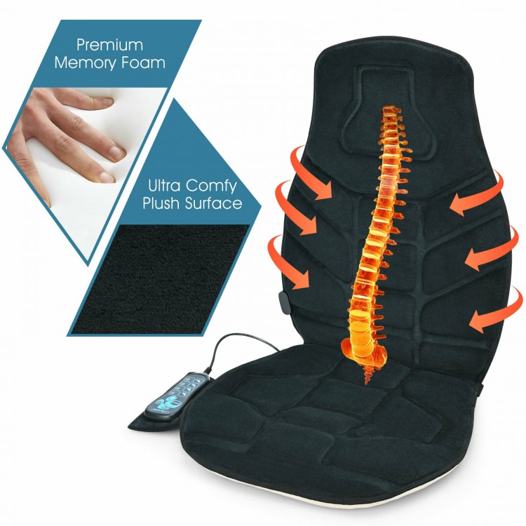 Memory foam seat cushion massager with heat, 6 vibration motors, and plush cover for ultimate comfort at home.