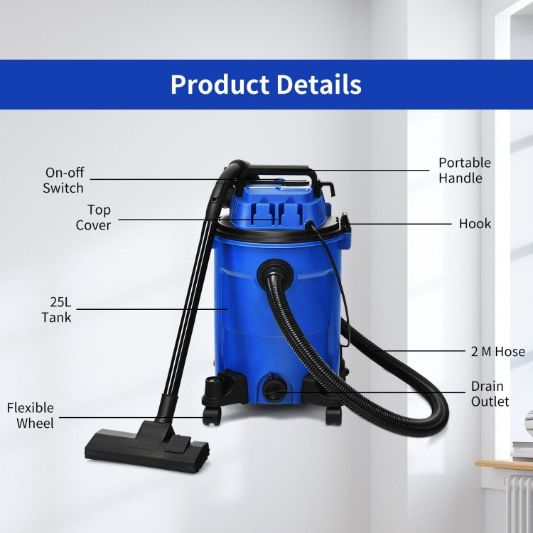 Blue 3 in 1 wet dry vacuum cleaner with 6.6-gallon tank, 1200W motor, and flexible wheels for easy maneuverability.