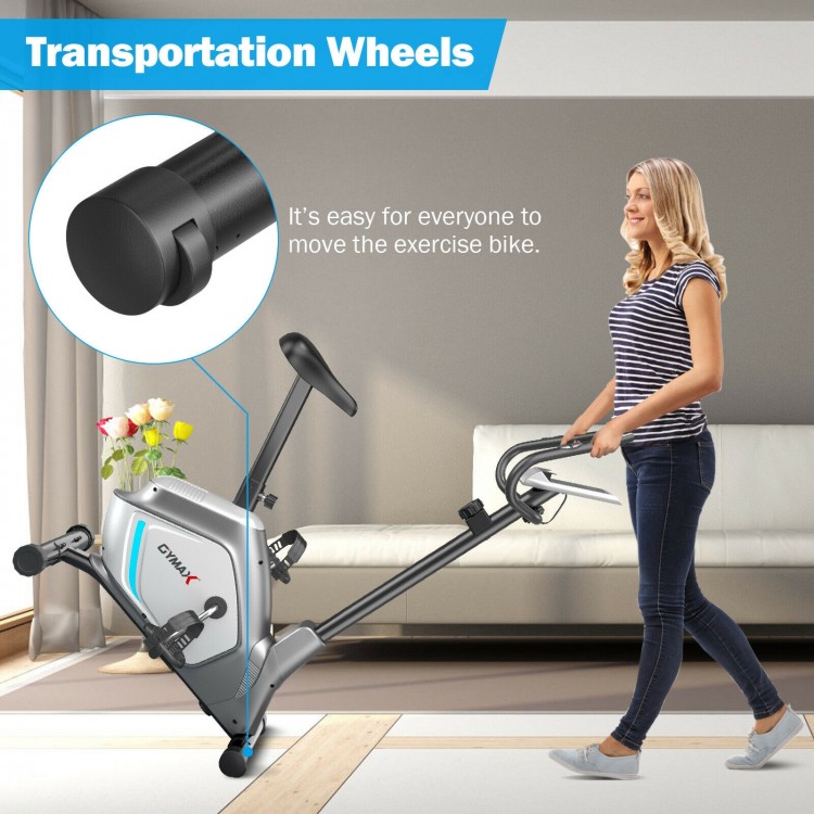Magnetic exercise bike with transportation wheels, adjustable seat height, and LCD monitor for home workouts.