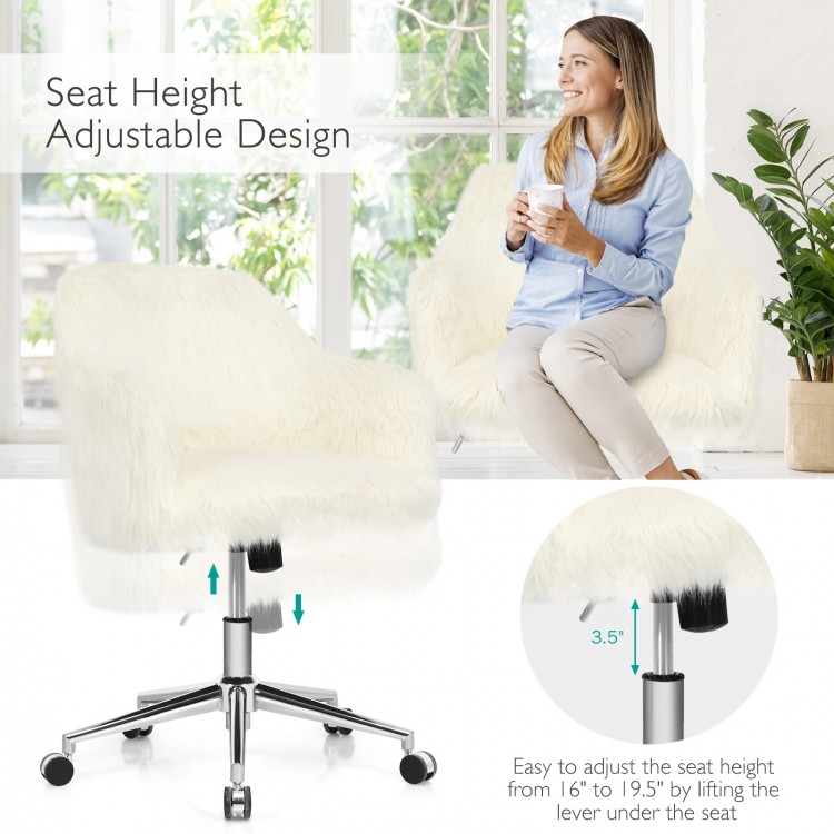 Fluffy beige faux fur vanity office chair with adjustable height, ergonomic armrests, and sturdy metal base for comfort.